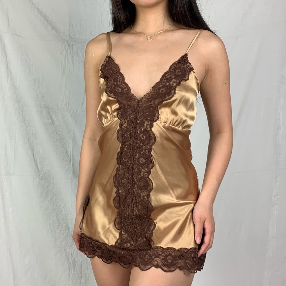 costa blanca small gold brown lace trim slip dress - Picture 3 of 14